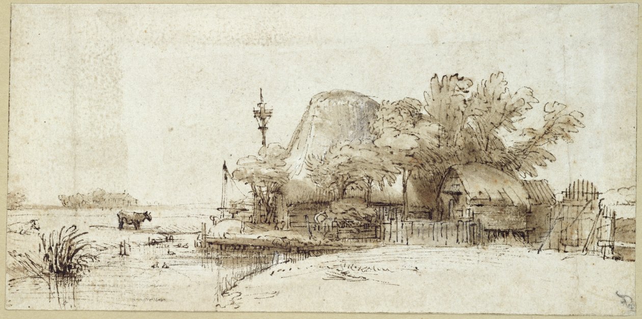 Uma fazenda por um córrego de Rembrandt van Rijn