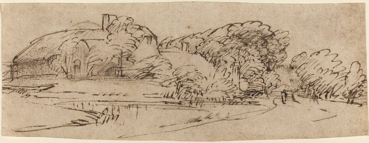 Uma paisagem com edifícios agrícolas entre árvores de Rembrandt van Rijn