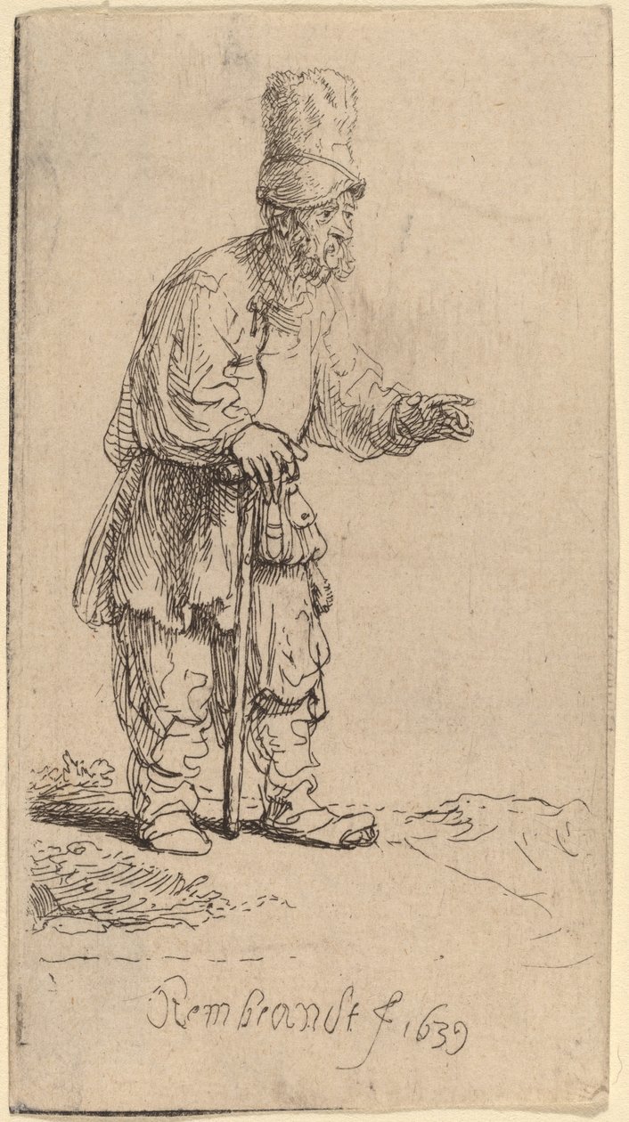 Um camponês de chapéu alto, de pé apoiado em uma vara de Rembrandt van Rijn