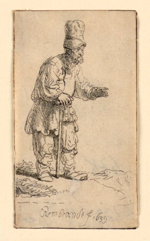Um camponês de chapéu alto, de pé apoiado em uma vara de Rembrandt van Rijn