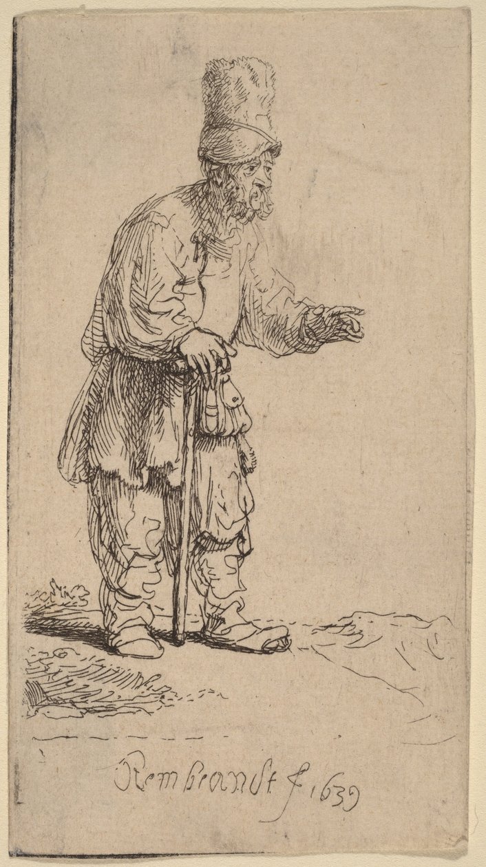 Um camponês com um chapéu de abas largas, de pé, apoiado numa bengala de Rembrandt van Rijn
