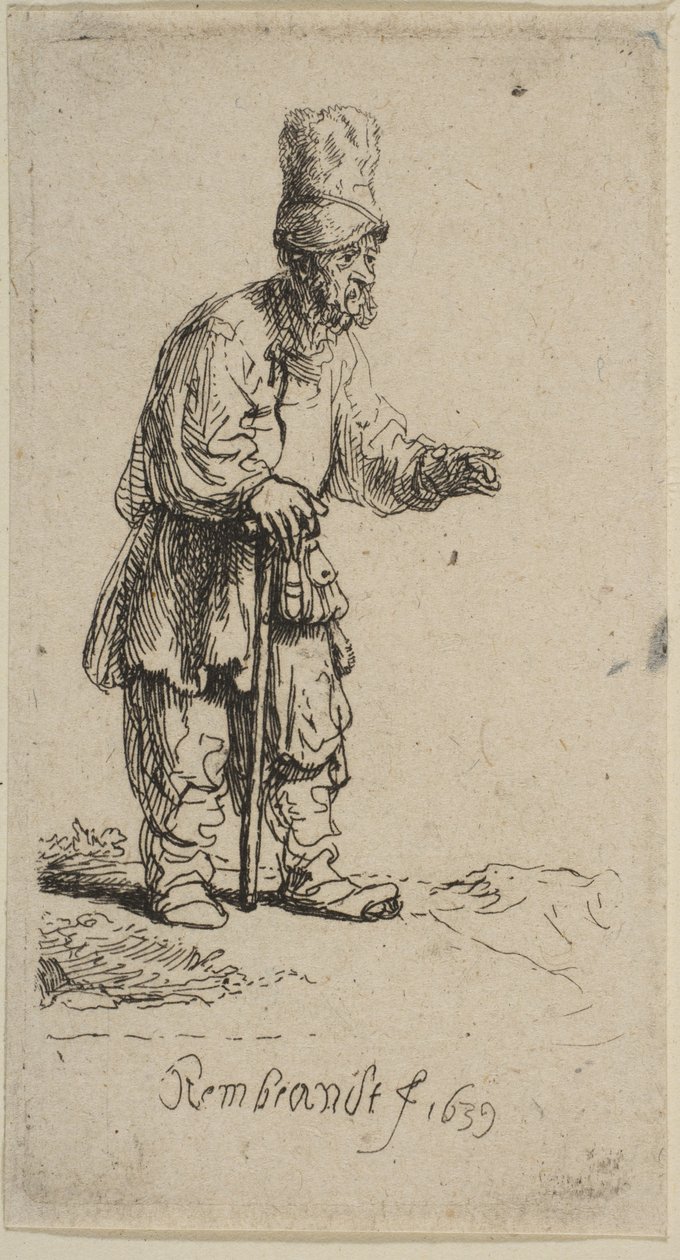 Um camponês de boné alto, de pé, apoiado em uma vara, 1639. de Rembrandt van Rijn