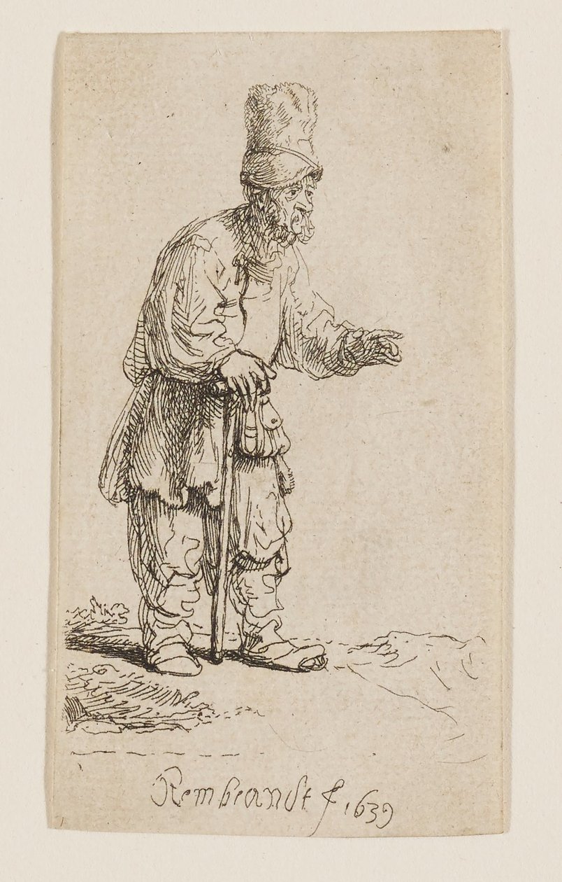 Um camponês com um gorro alto, de pé e apoiado num bastão de Rembrandt van Rijn