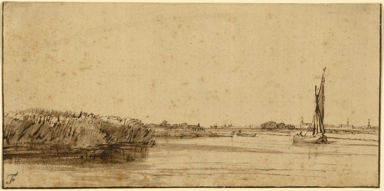 Um barco à vela em uma ampla extensão de água, c.1650 (caneta e tinta marrom e marrom lavar, em papel colorido) de Rembrandt van Rijn