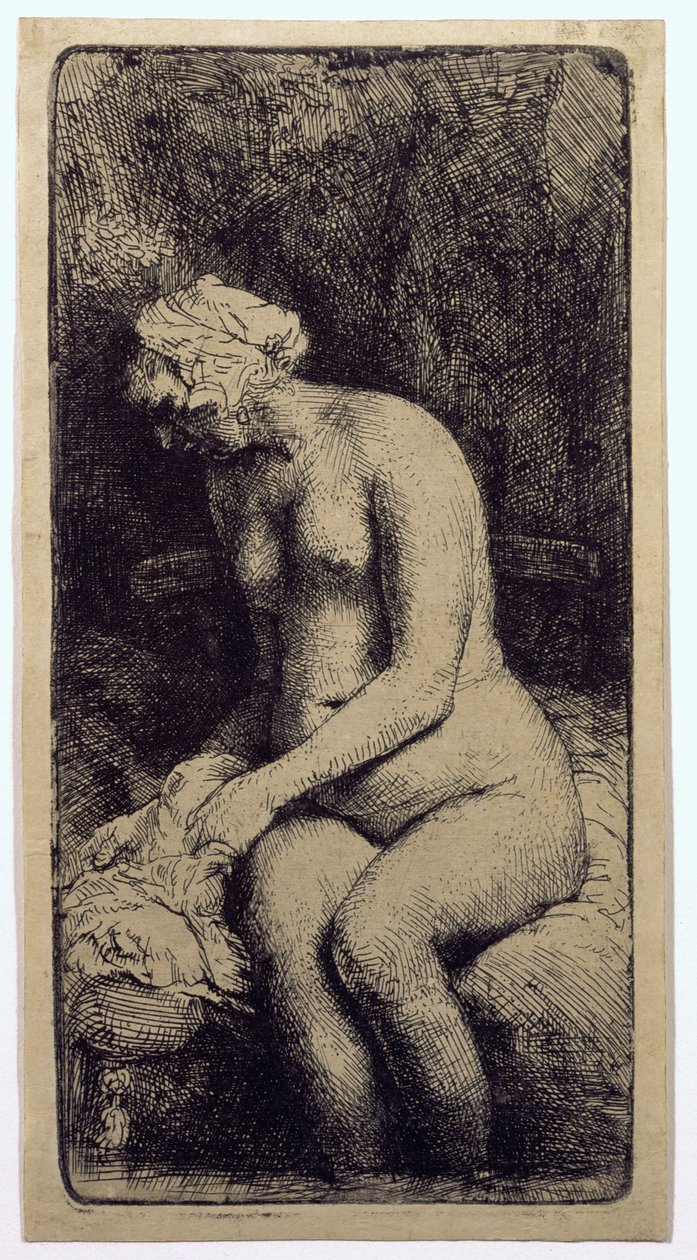 Uma mulher banhando os pés em um riacho de Rembrandt van Rijn
