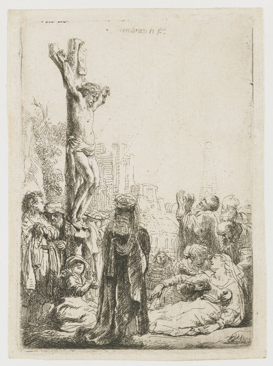 Um tocador de viela de roda cego e a sua família a receber esmolas de Rembrandt van Rijn