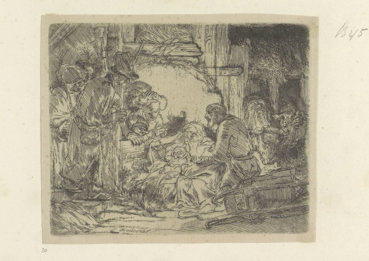 Aanbidding der herders: met de olielamp
Colecção de oitenta e cinco estampas originais (título da série) de Rembrandt van Rijn