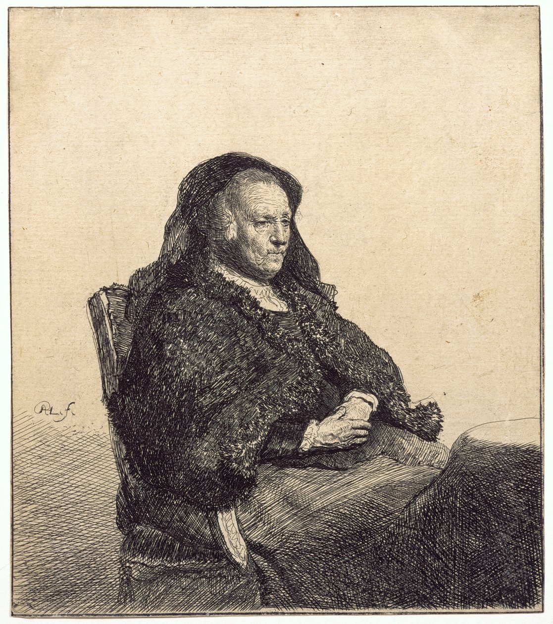 Uma Mulher Idosa (mãe de Rembrandt, sentada à mesa) de Rembrandt van Rijn