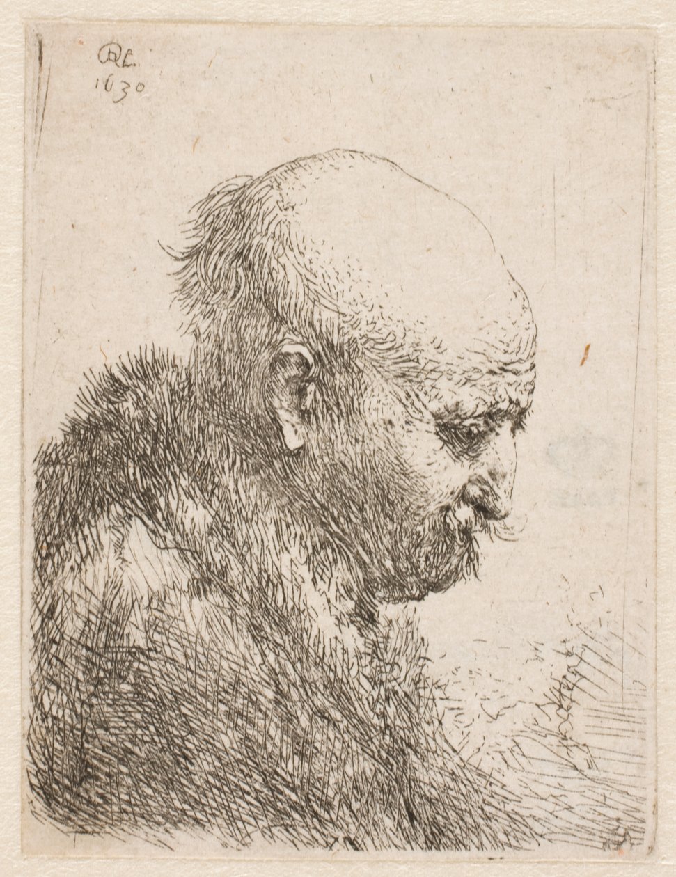 Homem careca (o pai de Rembrandt) de perfil para a direita; pequeno busto de Rembrandt van Rijn
