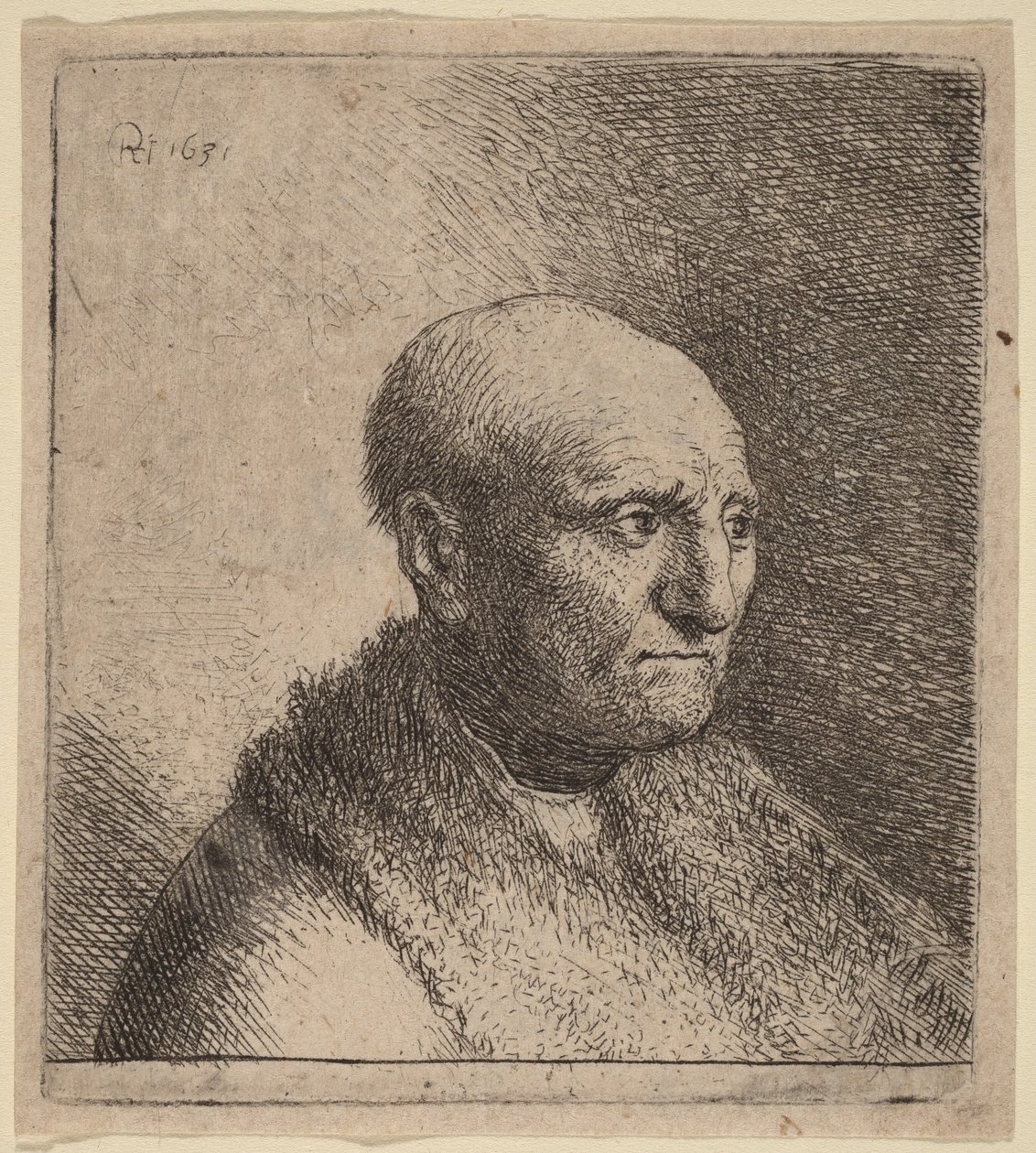 Homem careca com uma capa de pele de Rembrandt van Rijn