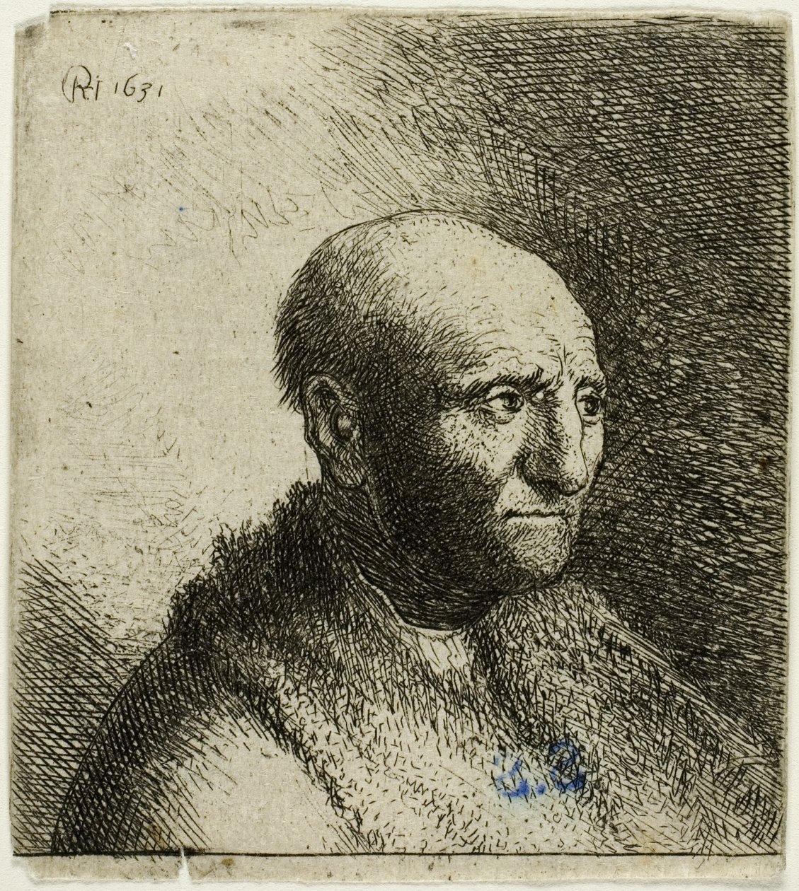 Homem careca em uma capa de pele: busto de Rembrandt van Rijn