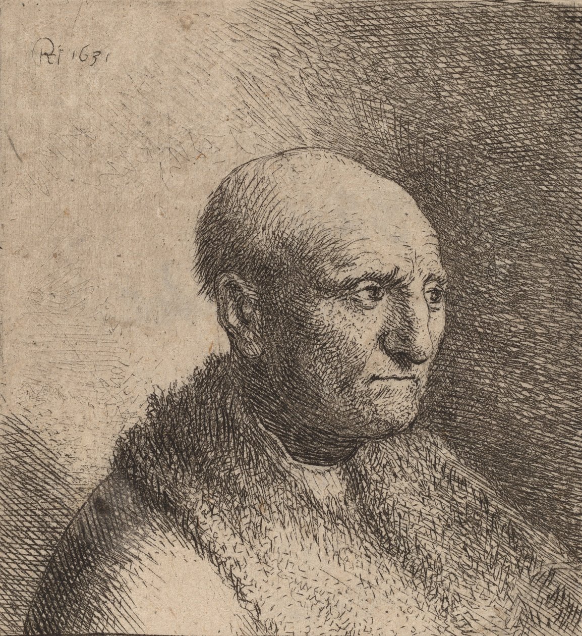 Homem careca em uma capa de pele, c. 1630. de Rembrandt van Rijn
