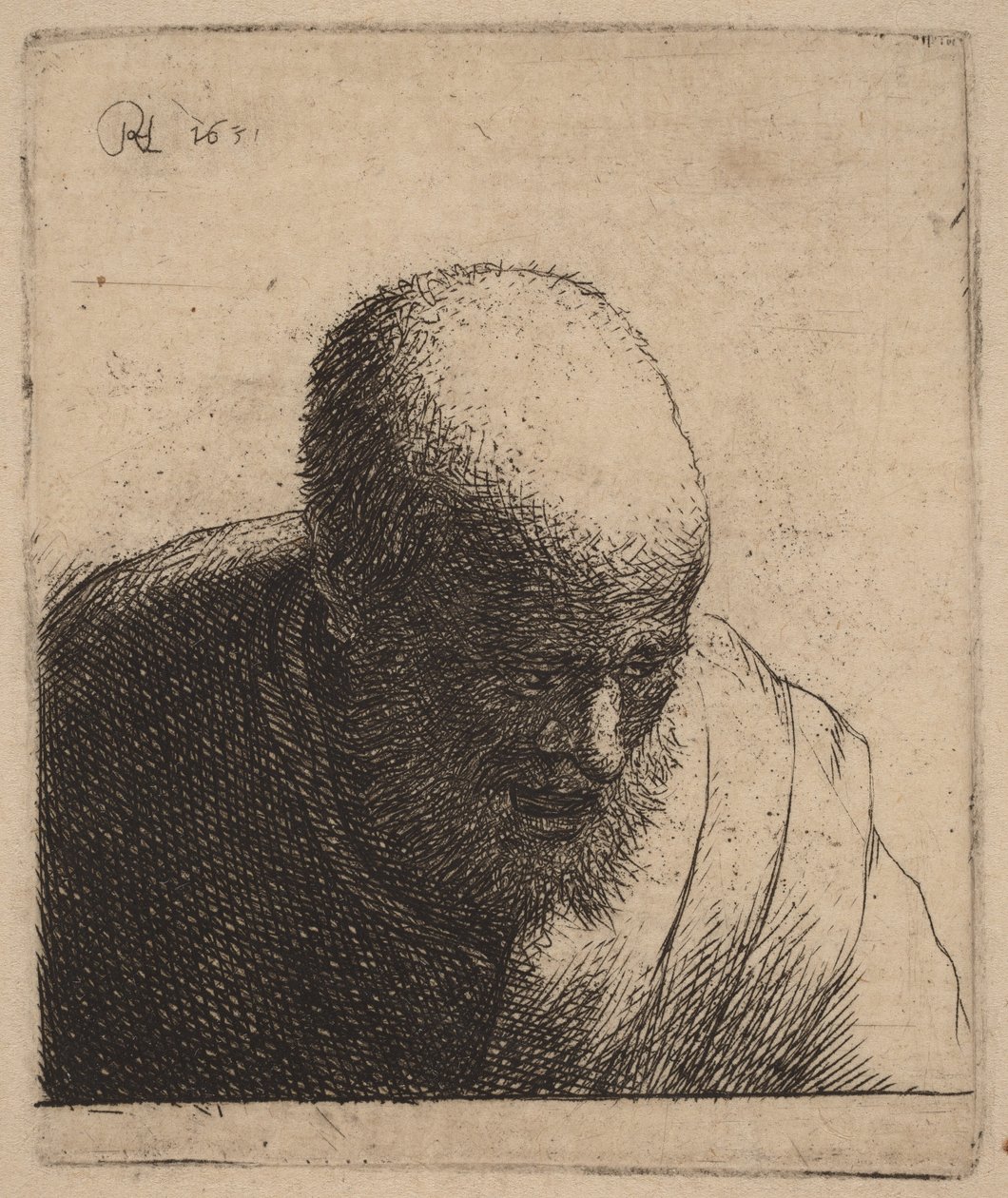 Homem careca com a boca aberta, a olhar para baixo de Rembrandt van Rijn