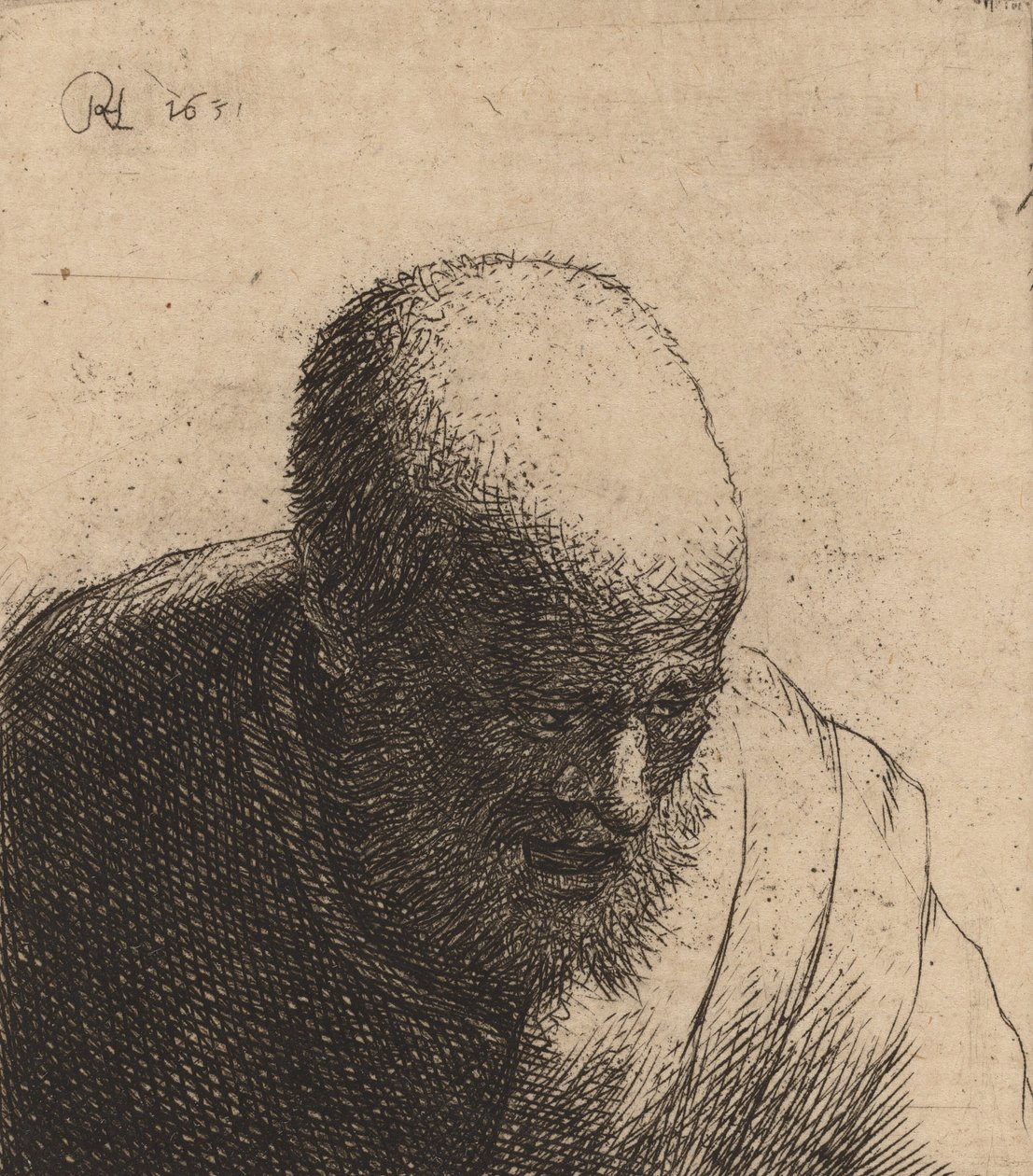 Homem careca com a boca aberta, olhando para baixo, c. 1630. de Rembrandt van Rijn