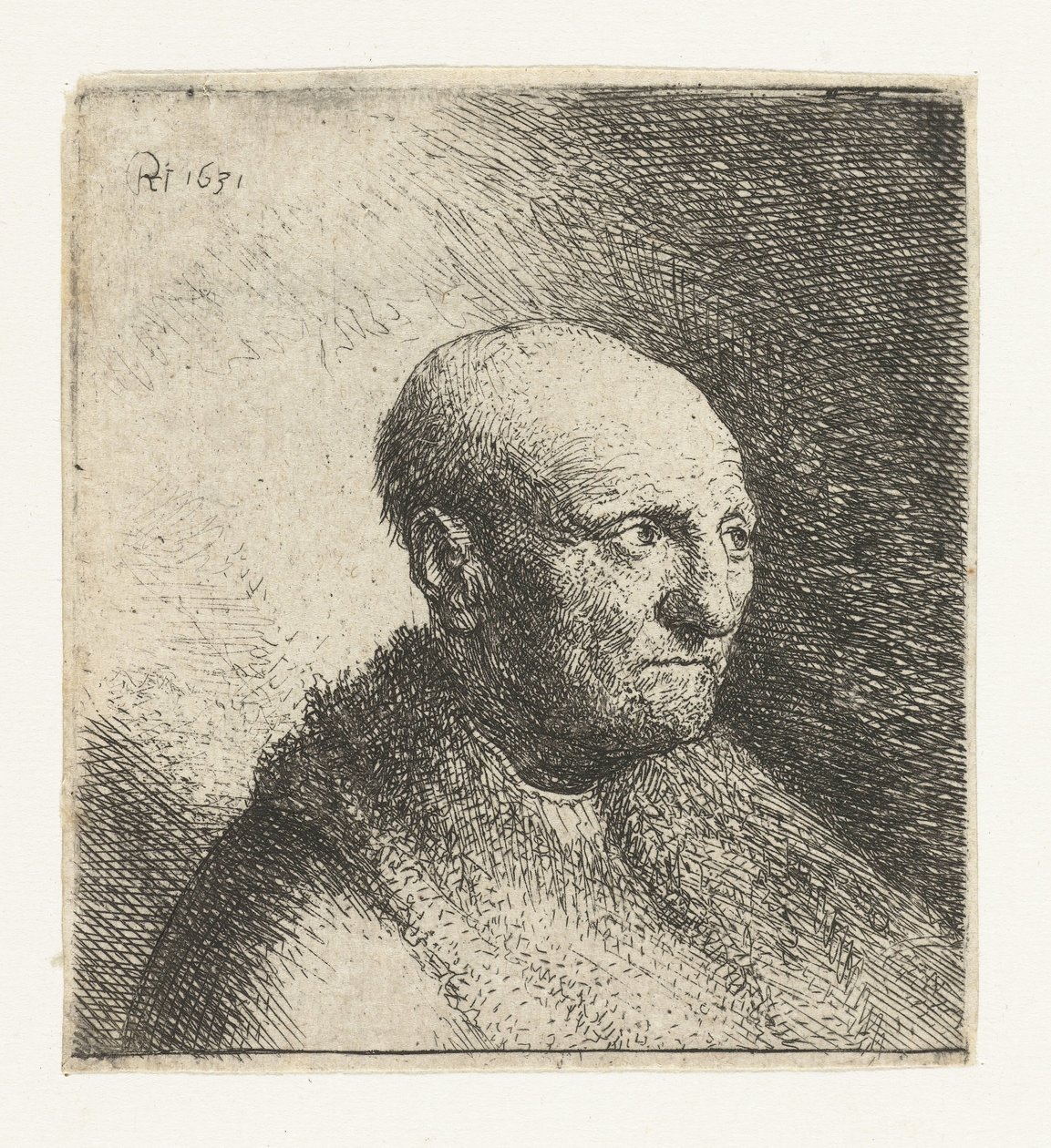 Homem careca com capa de pele: busto de Rembrandt van Rijn