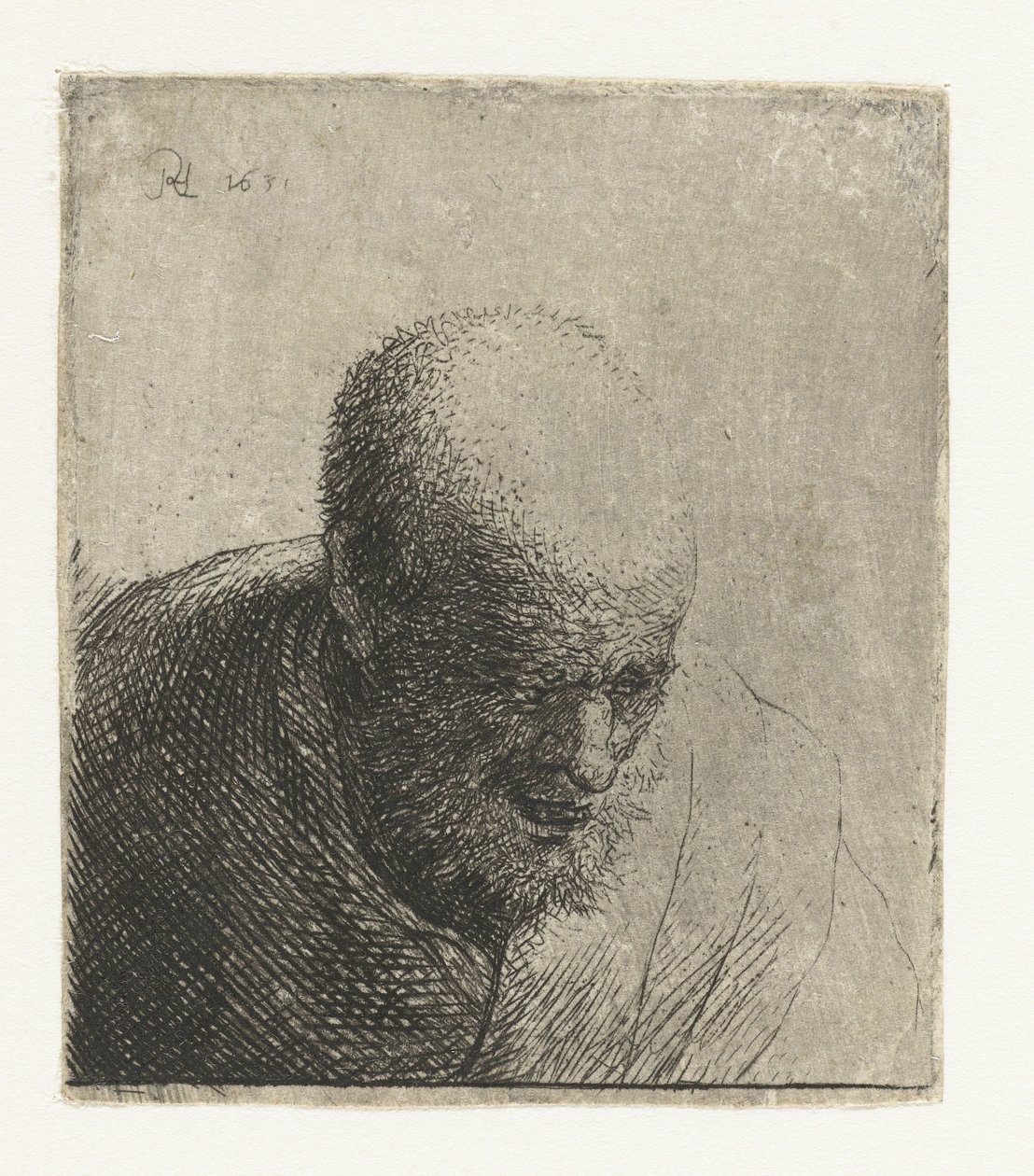 Homem careca com a boca aberta, olhando para baixo: busto de Rembrandt van Rijn