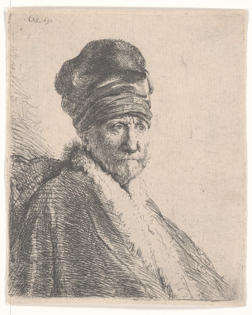 Homem barbudo com um gorro Oriental e robe Furred, vestindo um boné alto, 1630 de Rembrandt van Rijn