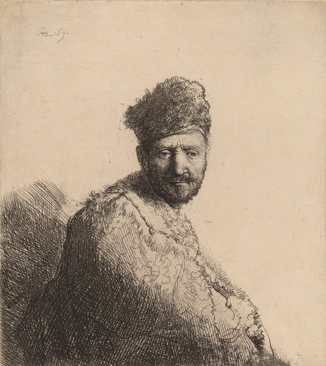 Homem barbudo, em um boné oriental peludo e manto: o pai do artista, 1631. de Rembrandt van Rijn