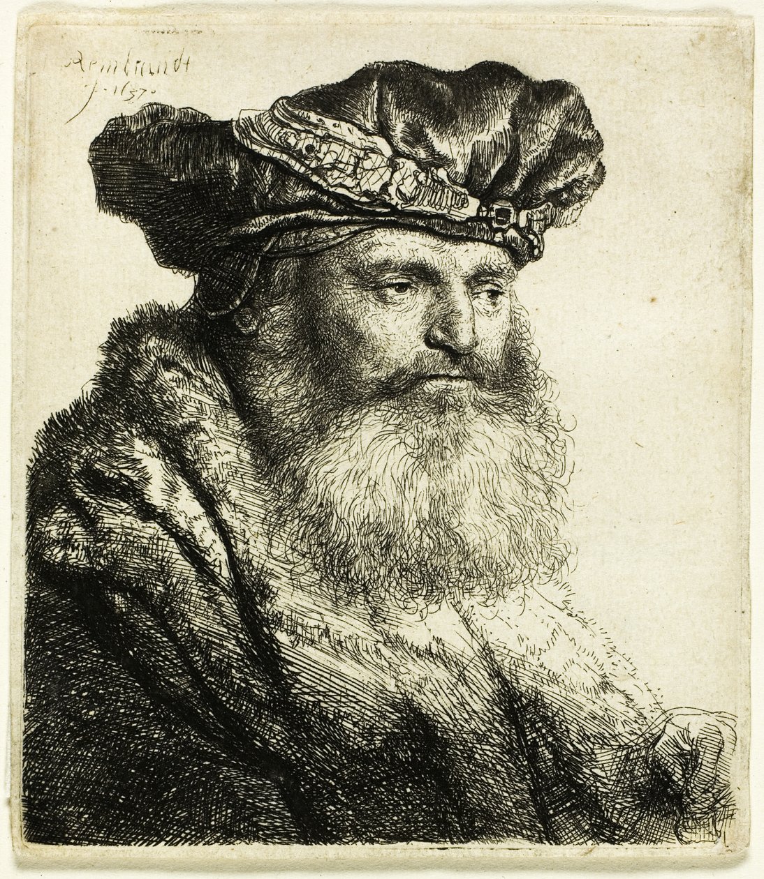 Homem barbudo em um gorro de veludo com fecho de joia de Rembrandt van Rijn