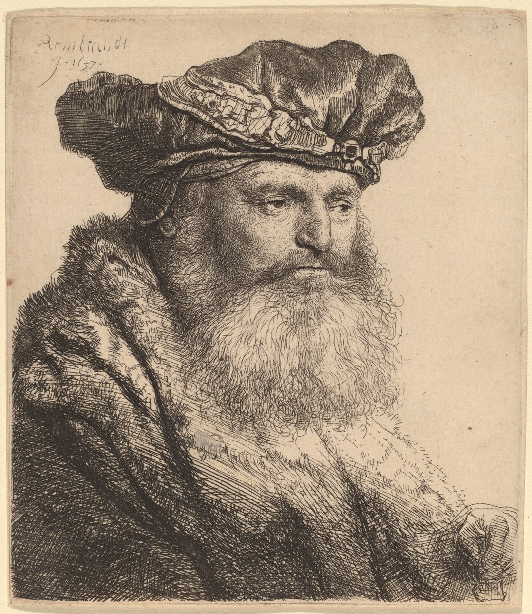 Homem barbudo em um gorro de veludo com um fecho de jóia de Rembrandt van Rijn