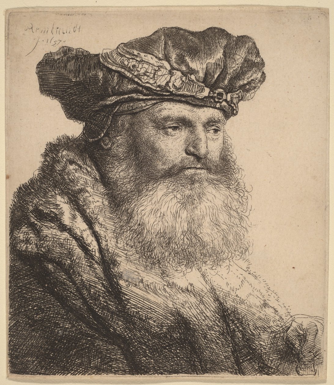Homem barbudo com um gorro de veludo com um fecho com joia de Rembrandt van Rijn