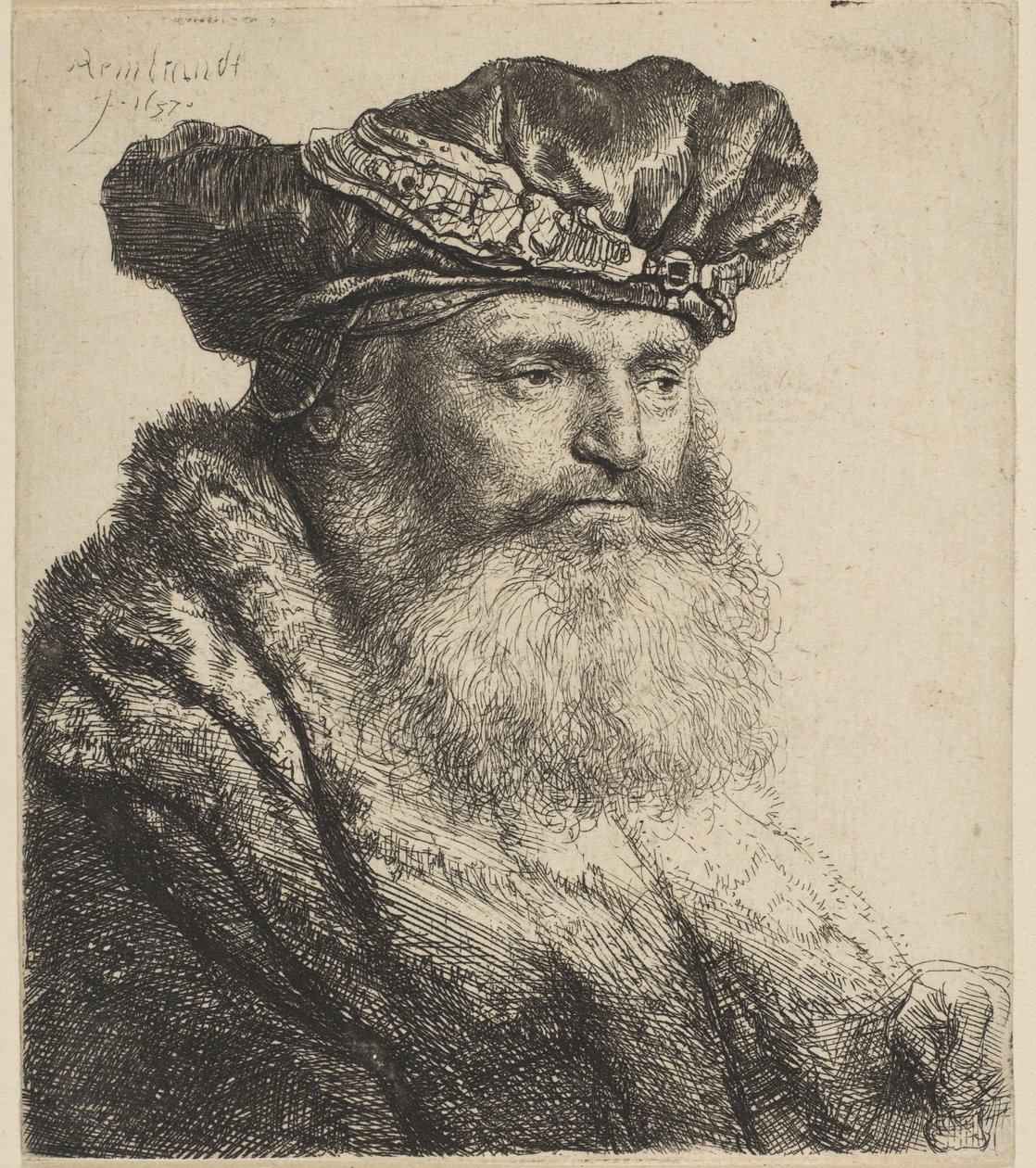 Homem barbudo em um boné de veludo com um fecho de joia, 1637. de Rembrandt van Rijn