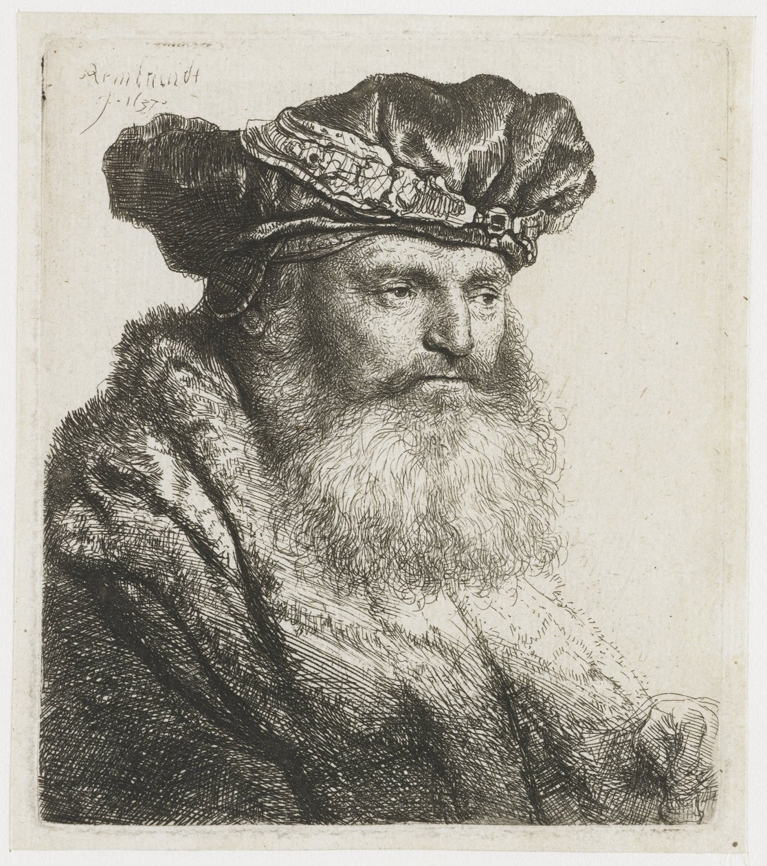 Homem barbudo de boné de veludo com fecho de jóias
Homem barbudo com barba de veludo com um fecho de jóia de Rembrandt van Rijn