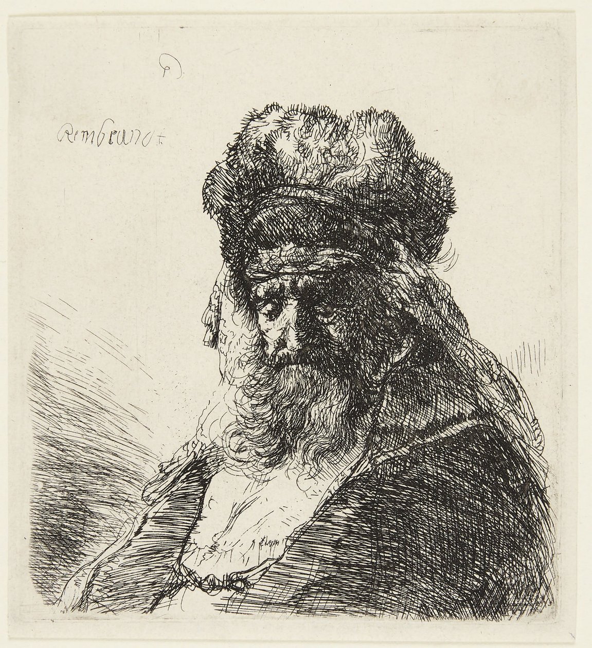 Ancião barbudo com um gorro alto de pele, de olhos fechados de Rembrandt van Rijn