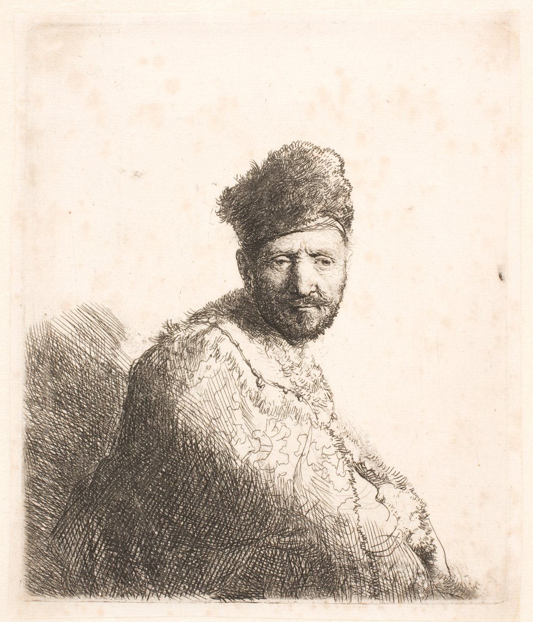 Homem barbudo (o pai de Rembrandt) com gorro oriental forrado a pele e túnica: retrato de meio corpo de Rembrandt van Rijn