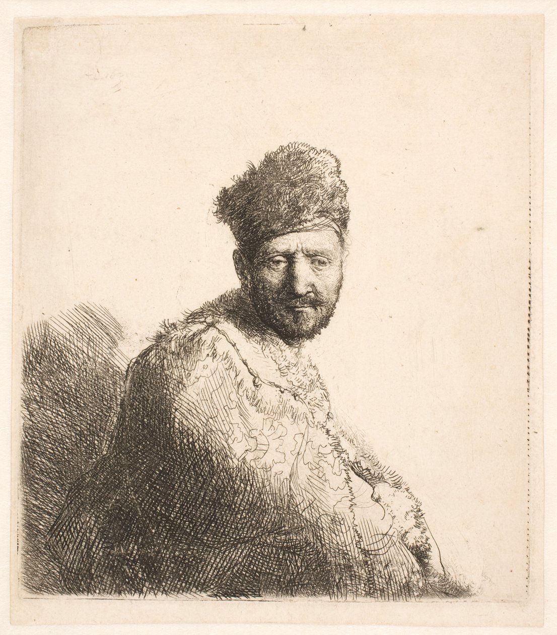 Homem barbudo (o pai de Rembrandt) com gorro oriental forrado a pele e túnica: retrato de meio corpo de Rembrandt van Rijn