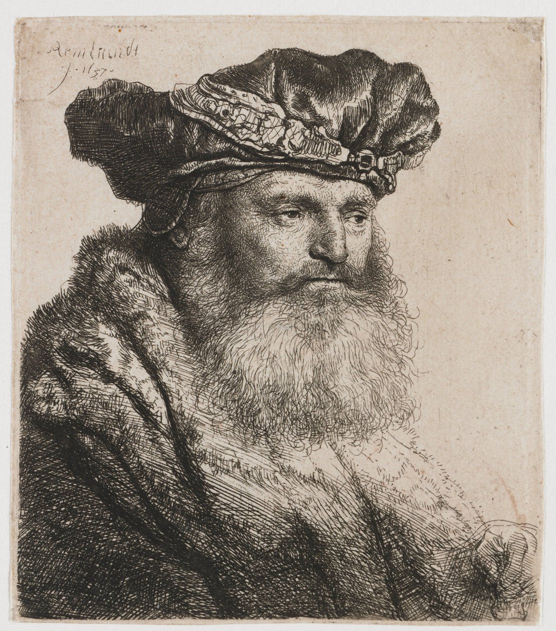 Homem barbudo em um gorro de veludo com fecho de joia de Rembrandt van Rijn
