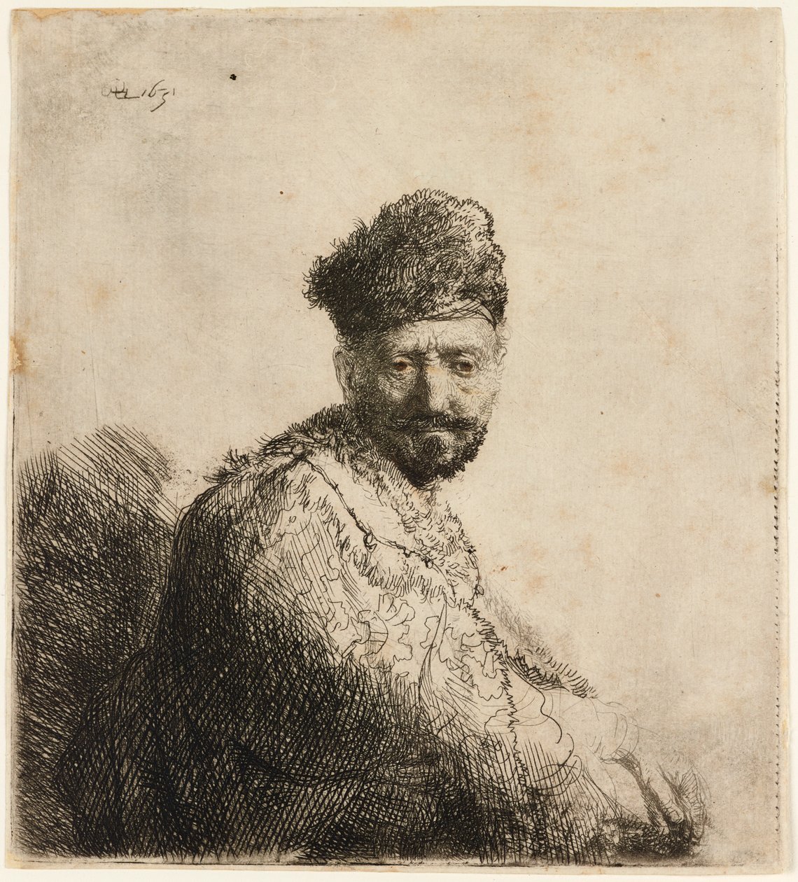 Homem barbudo com gorro oriental peludo: o pai do artista, 1631. de Rembrandt van Rijn