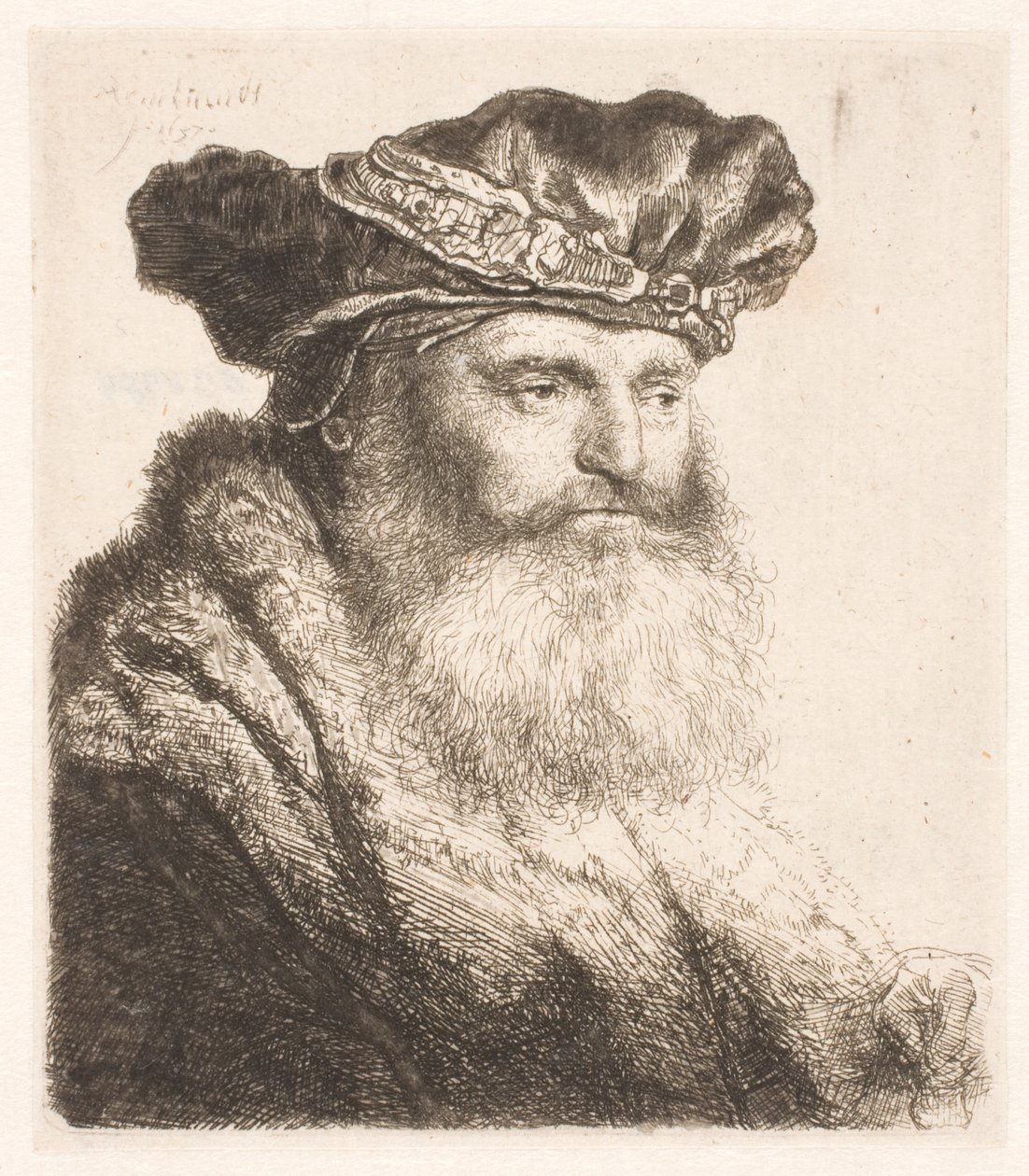Homem barbudo vestindo um boné de veludo com fecho de joia de Rembrandt van Rijn