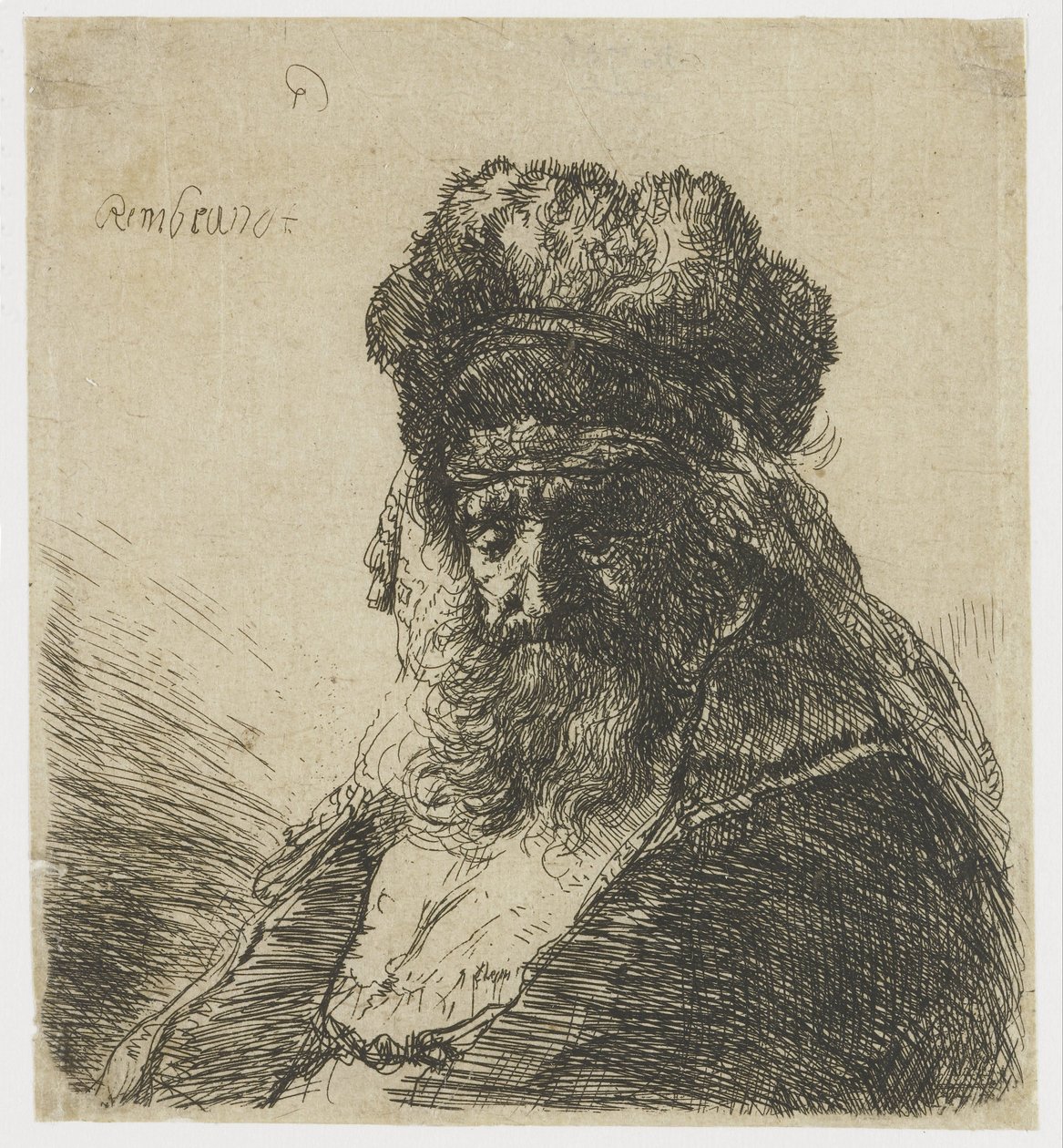 Velho barbudo em um gorro de pele alto, com os olhos fechados de Rembrandt van Rijn
