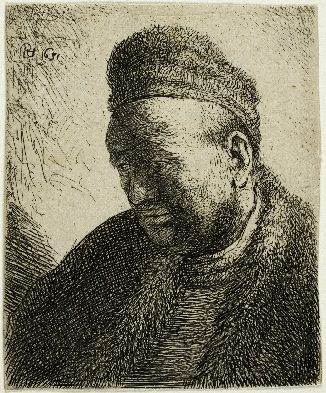Homem sem barba em uma capa de pele e boné: busto de Rembrandt van Rijn