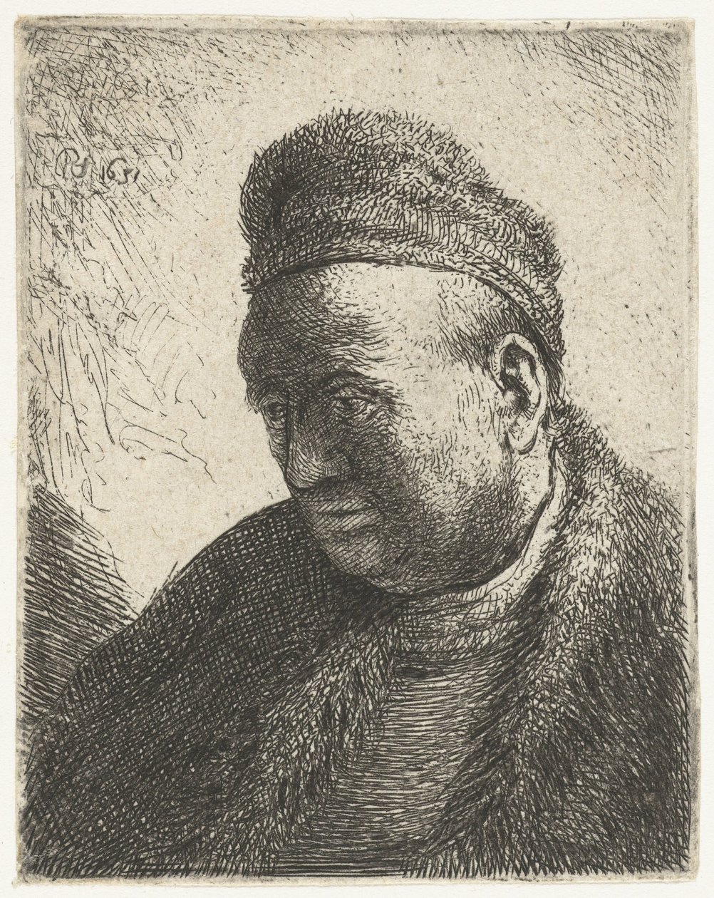 Homem sem barba com capa de pele e boné: busto de Rembrandt van Rijn