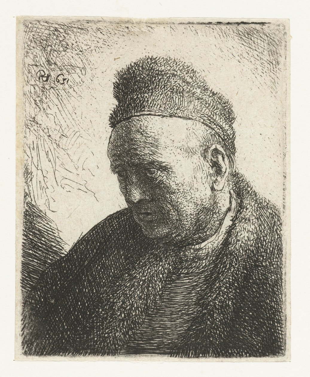Homem sem ursos com capa de pele e boné: busto de Rembrandt van Rijn