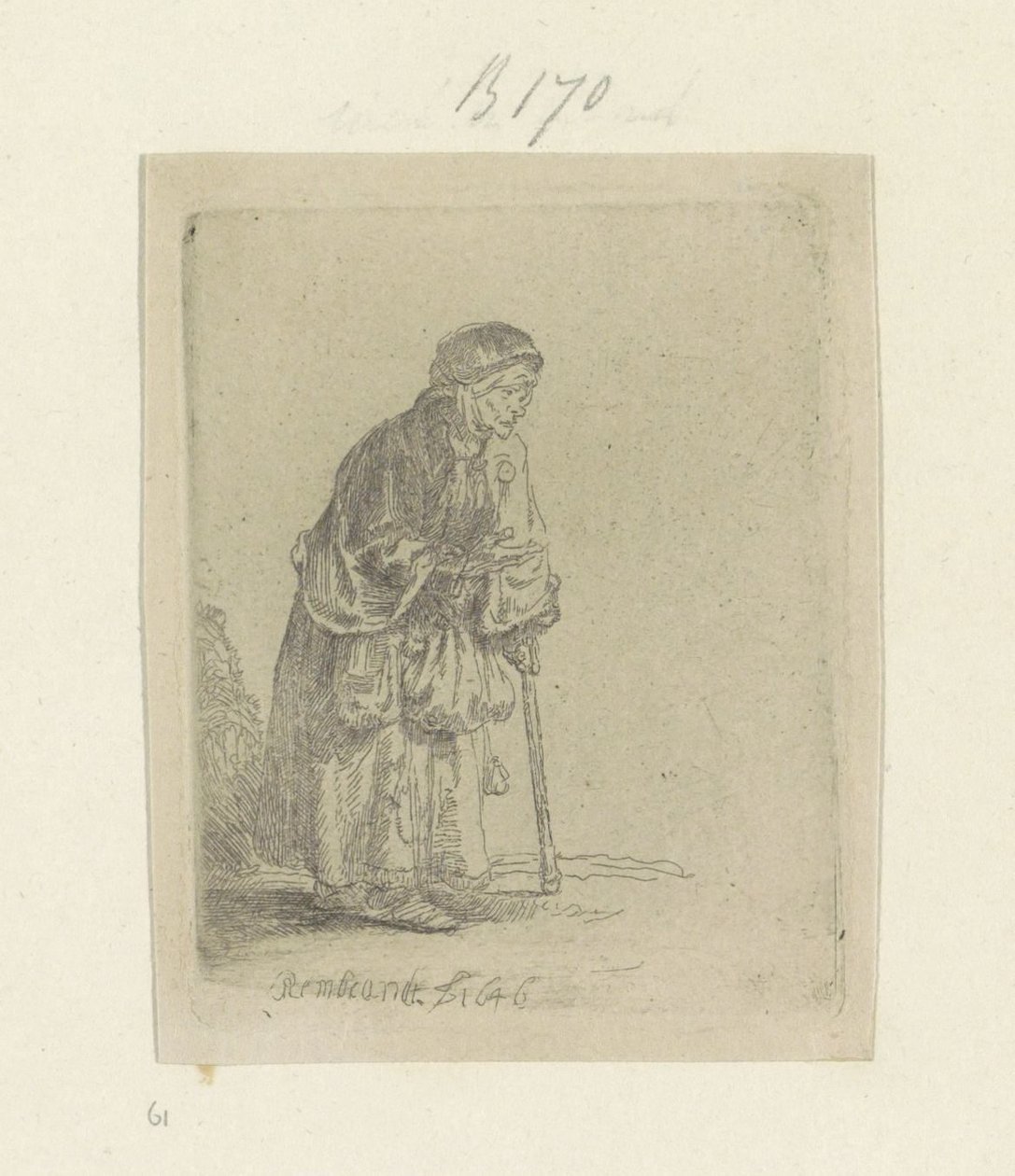 Mulher mendiga, apoiada em uma vara, à direita Recueil de quatre-vingt-cinq estampes originales (título da série) de Rembrandt van Rijn
