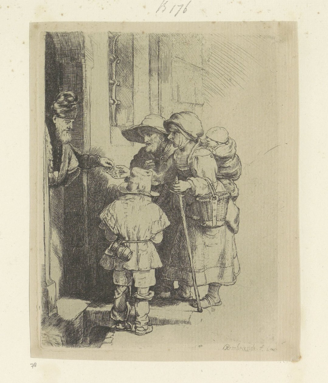 A família mendiga recebe esmolas à porta de uma casa
Recueil de quatre-vingt-cinq estampes originales (título da série) de Rembrandt van Rijn