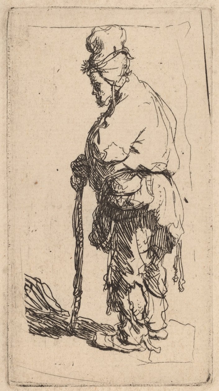 Mendigo apoiado em uma vara, virado para a esquerda de Rembrandt van Rijn