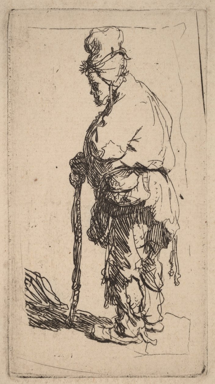 Mendigo apoiado numa bengala, virado para a esquerda de Rembrandt van Rijn