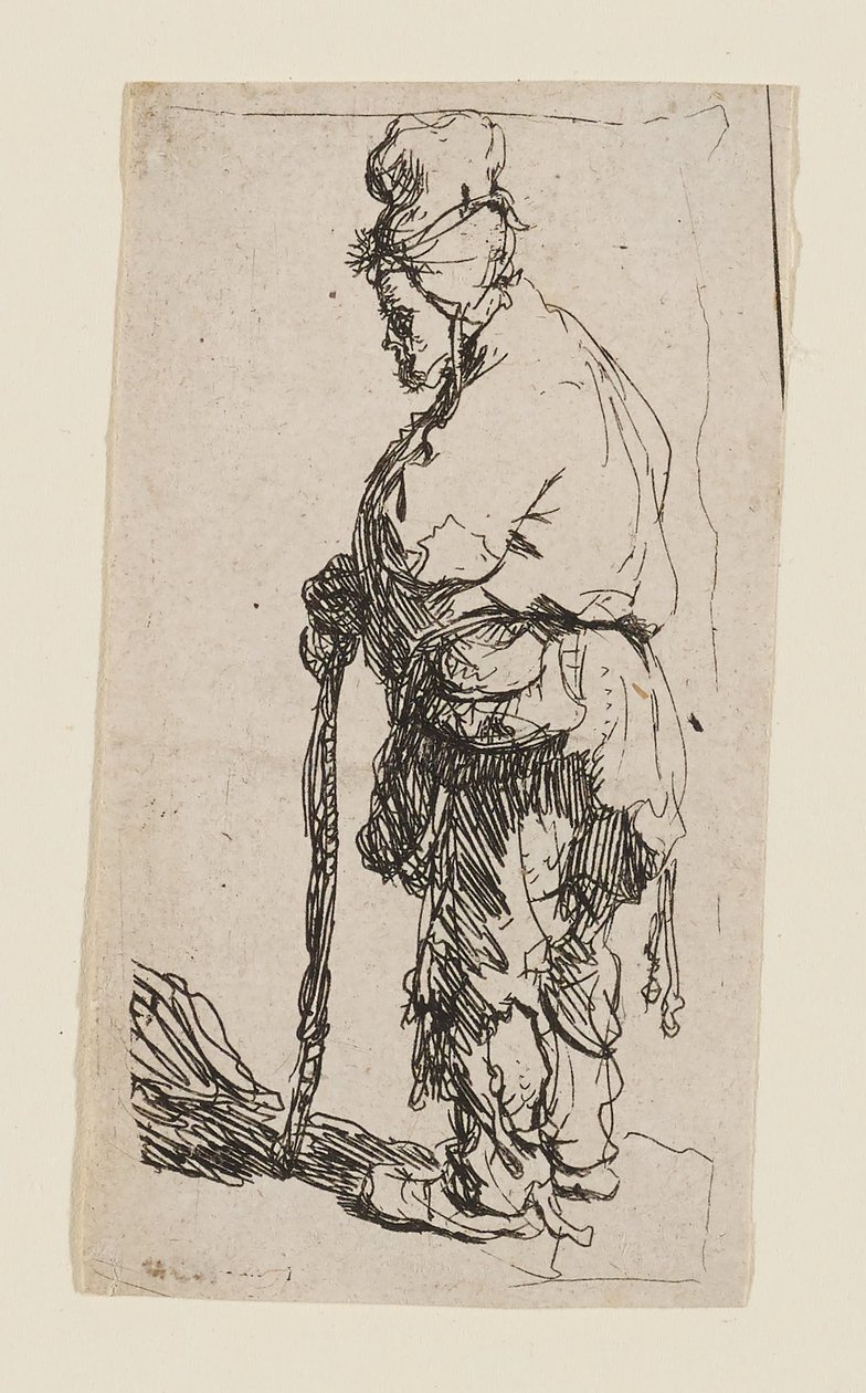 Mendigo apoiado num bastão, voltado para a esquerda de Rembrandt van Rijn