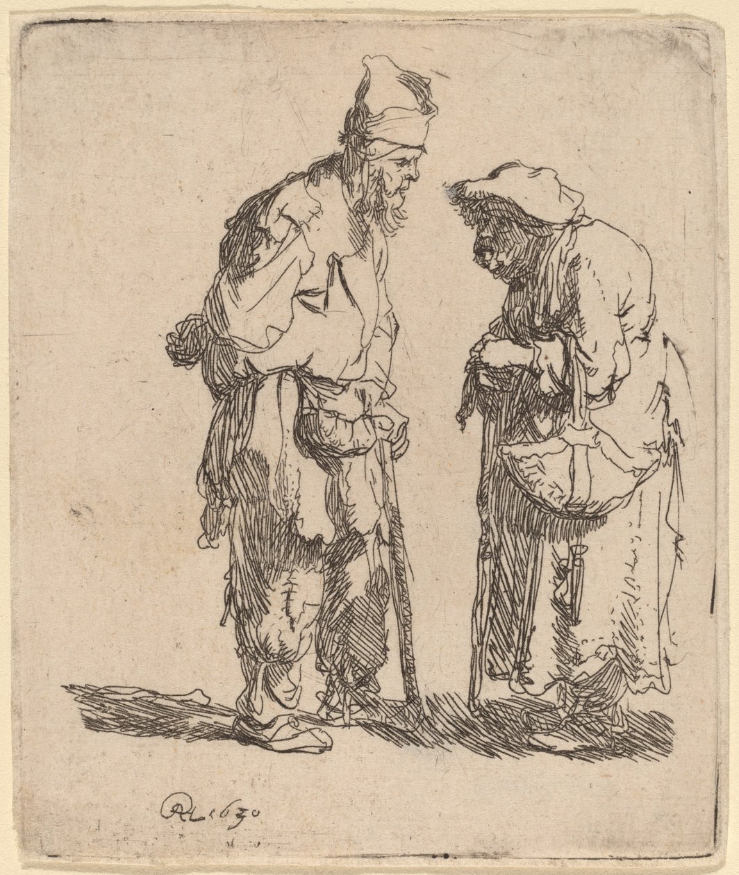 Mendigo e mendiga conversando de Rembrandt van Rijn