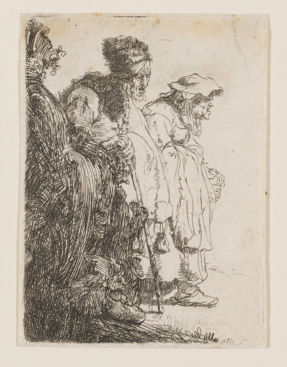 Um mendigo e uma mendiga atrás de um banco de Rembrandt van Rijn