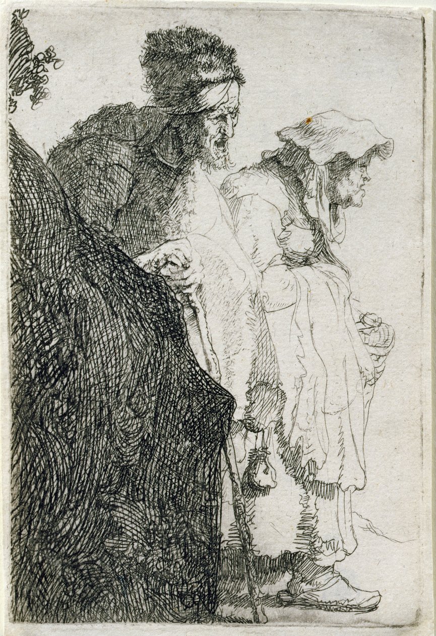 Mendigo homem e mulher atrás de um banco, c.1630 de Rembrandt van Rijn
