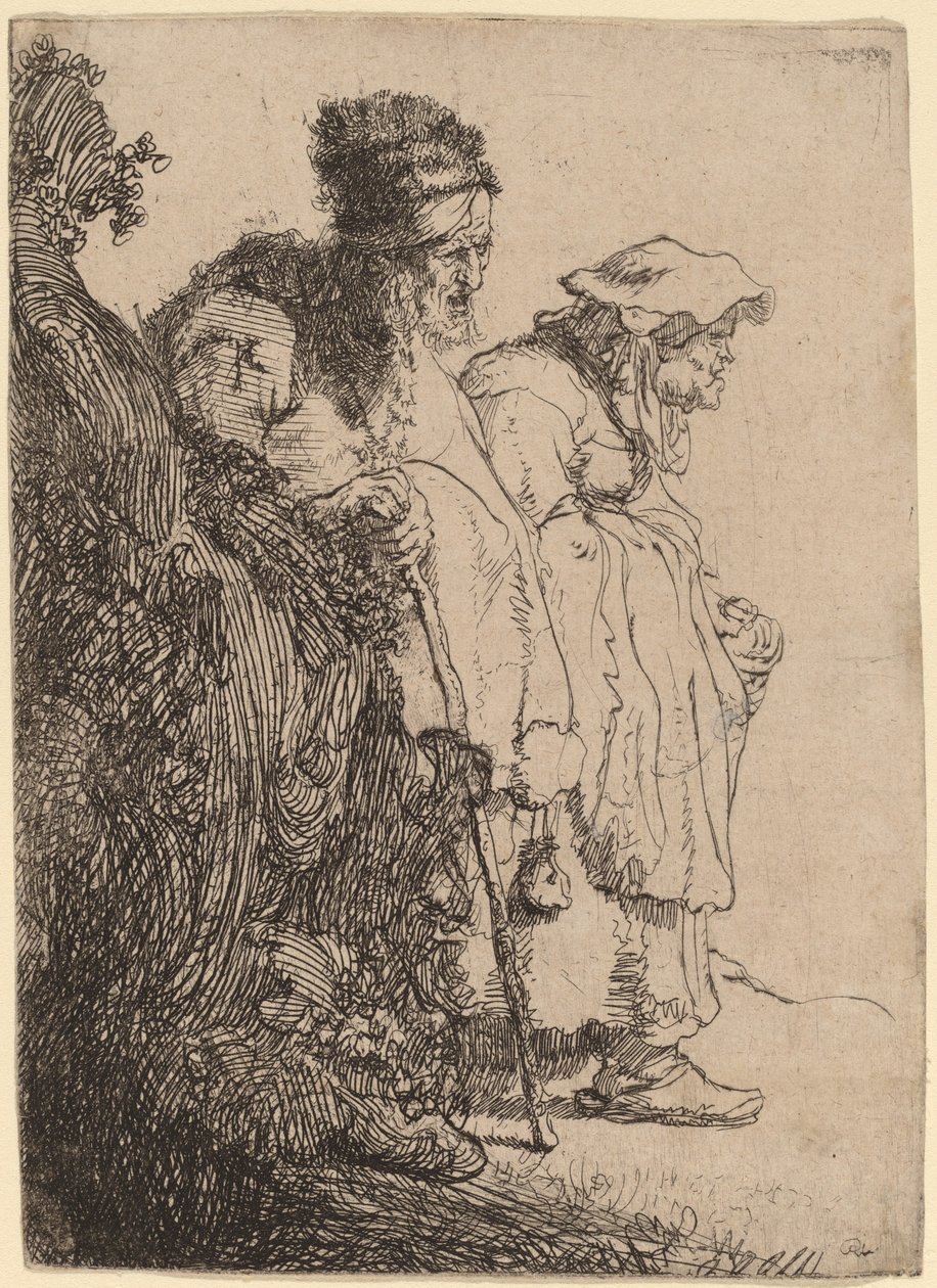 Mendigo e mulher atrás de um banco de Rembrandt van Rijn