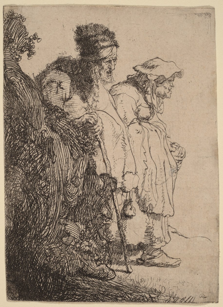 Um mendigo e uma mendiga atrás de um banco de Rembrandt van Rijn