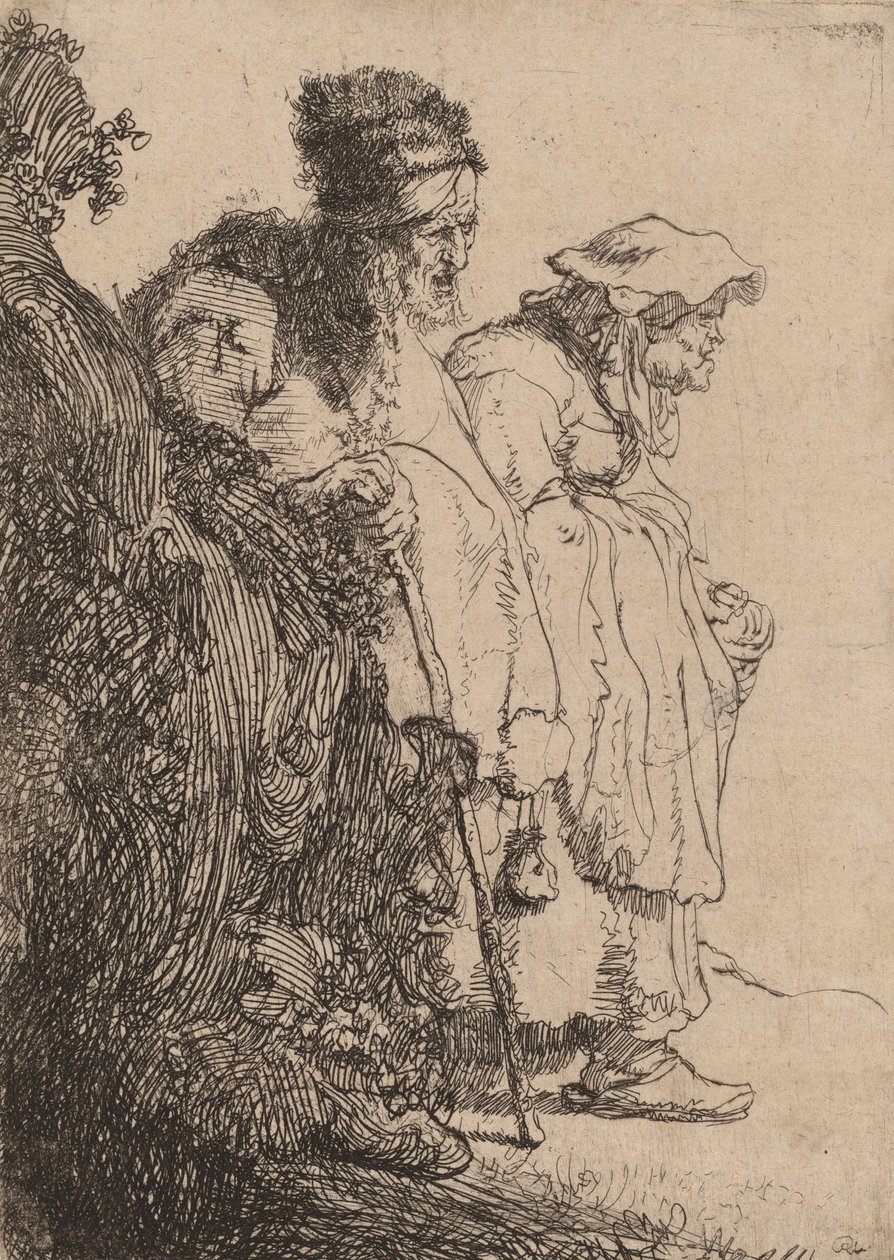 Mendigo e mulher atrás de um banco, c. 1630. de Rembrandt van Rijn