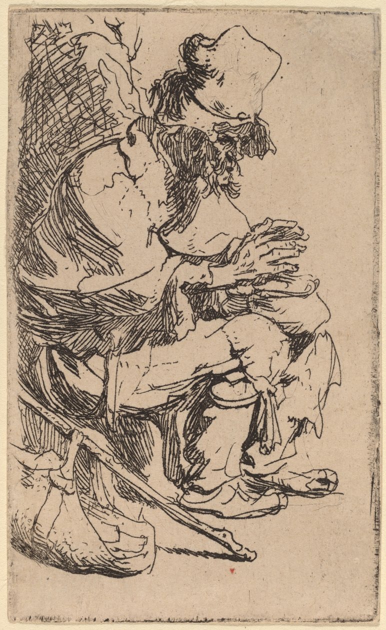 Mendigo sentado aquecendo as mãos em um prato de atrito de Rembrandt van Rijn