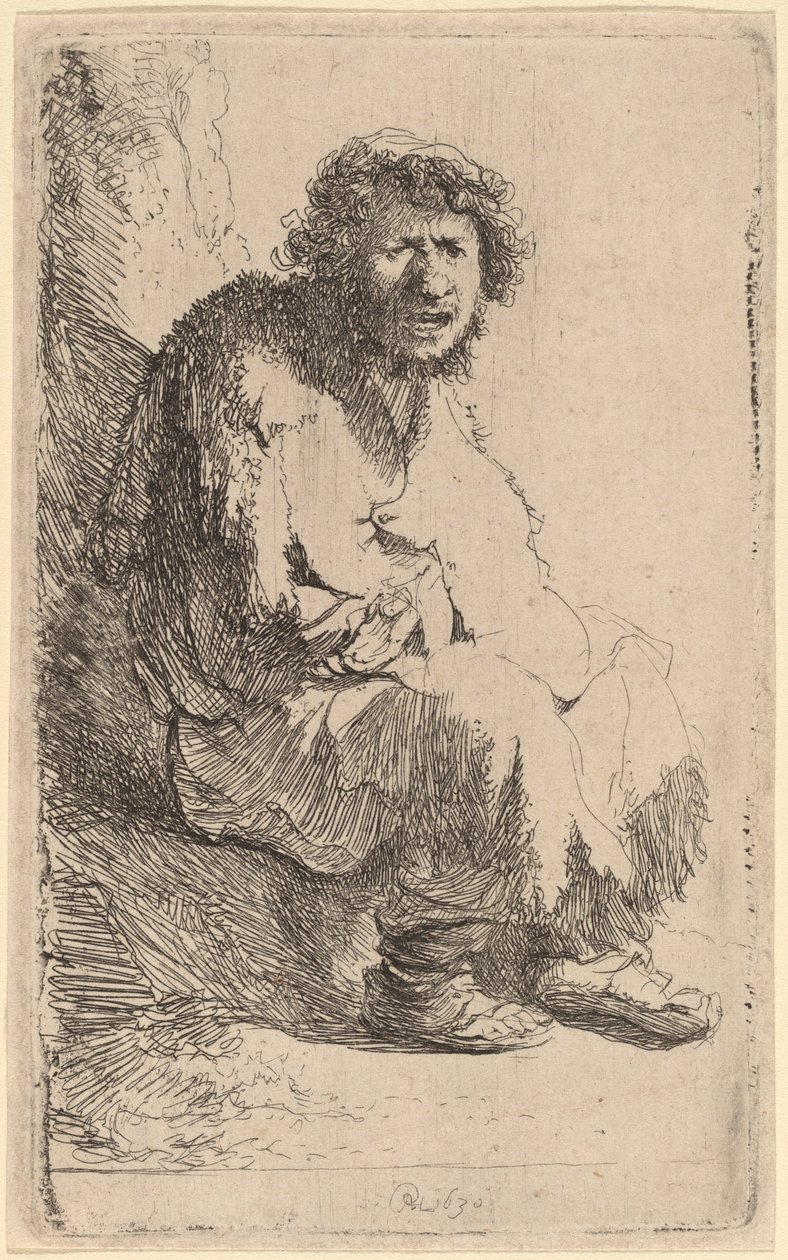Mendigo sentado em um banco de Rembrandt van Rijn